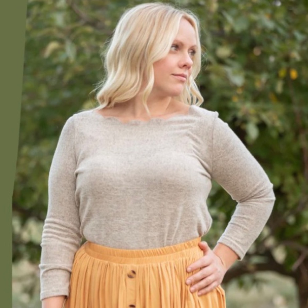 Taupe Scalloped Boatneck Brushed Knit Sweater Top